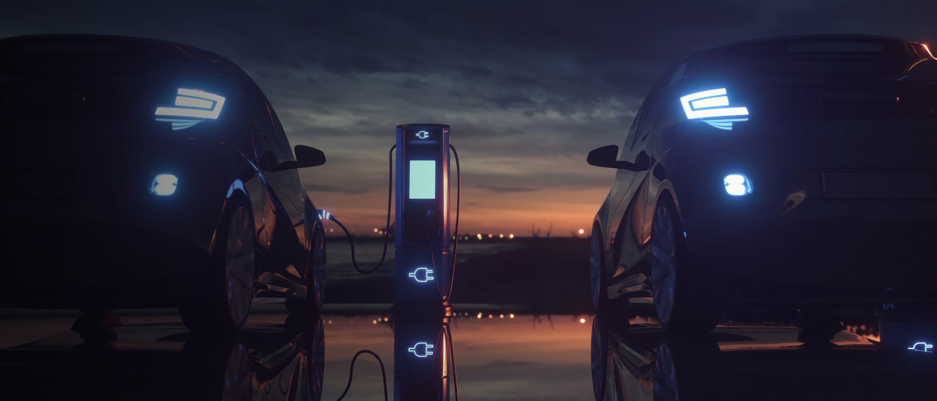 EV charging power unit with cable at night landscape